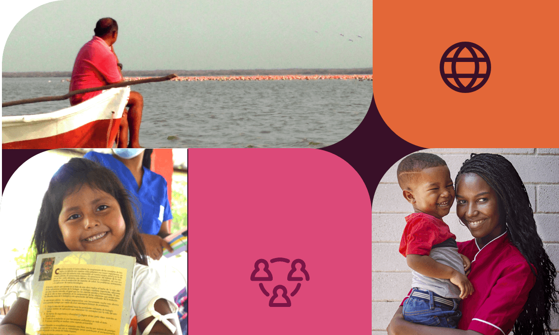 Representative image of people involved in concepts related to sustainability and Sustainable Development, featuring a smiling girl holding a book in her hands on one side, a mother smiling with her child in her arms on the other, and finally, a man riding a small boat looking out towards the sea