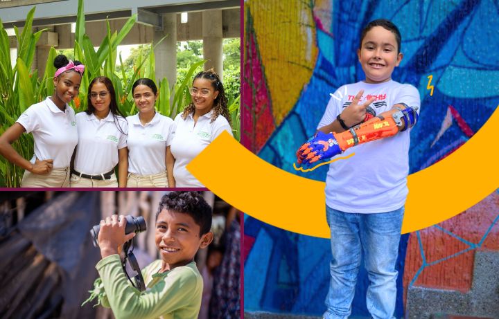 La imagen muestra cuatro fotos de personas jóvenes. La primera foto presenta a cuatro jóvenes mujeres usando camisas blancas con un logotipo verde en el pecho, de pie frente a una pared de plantas verdes, simbolizando el compromiso con el desarrollo sostenible y la creación de alianzas estratégicas. La segunda foto captura a un niño joven con un brazo robótico, sonriendo y mirando hacia la cámara, destacando la innovación y la inclusión. La tercera foto muestra a otro niño joven con binoculares, mirando a través de ellos y sonriendo a la cámara, representando la curiosidad y el aprendizaje. La cuarta foto presenta un muro con una mezcla de pintura azul y roja, añadiendo un toque artístico a la colección. Estas imágenes reflejan la importancia de trabajar juntos para lograr los ODS y fomentar un futuro más sostenible.