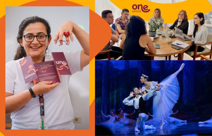 La imagen muestra cuatro paneles diferentes. El panel superior izquierdo presenta a una mujer sonriente con una camiseta blanca, sosteniendo folletos con el logotipo 