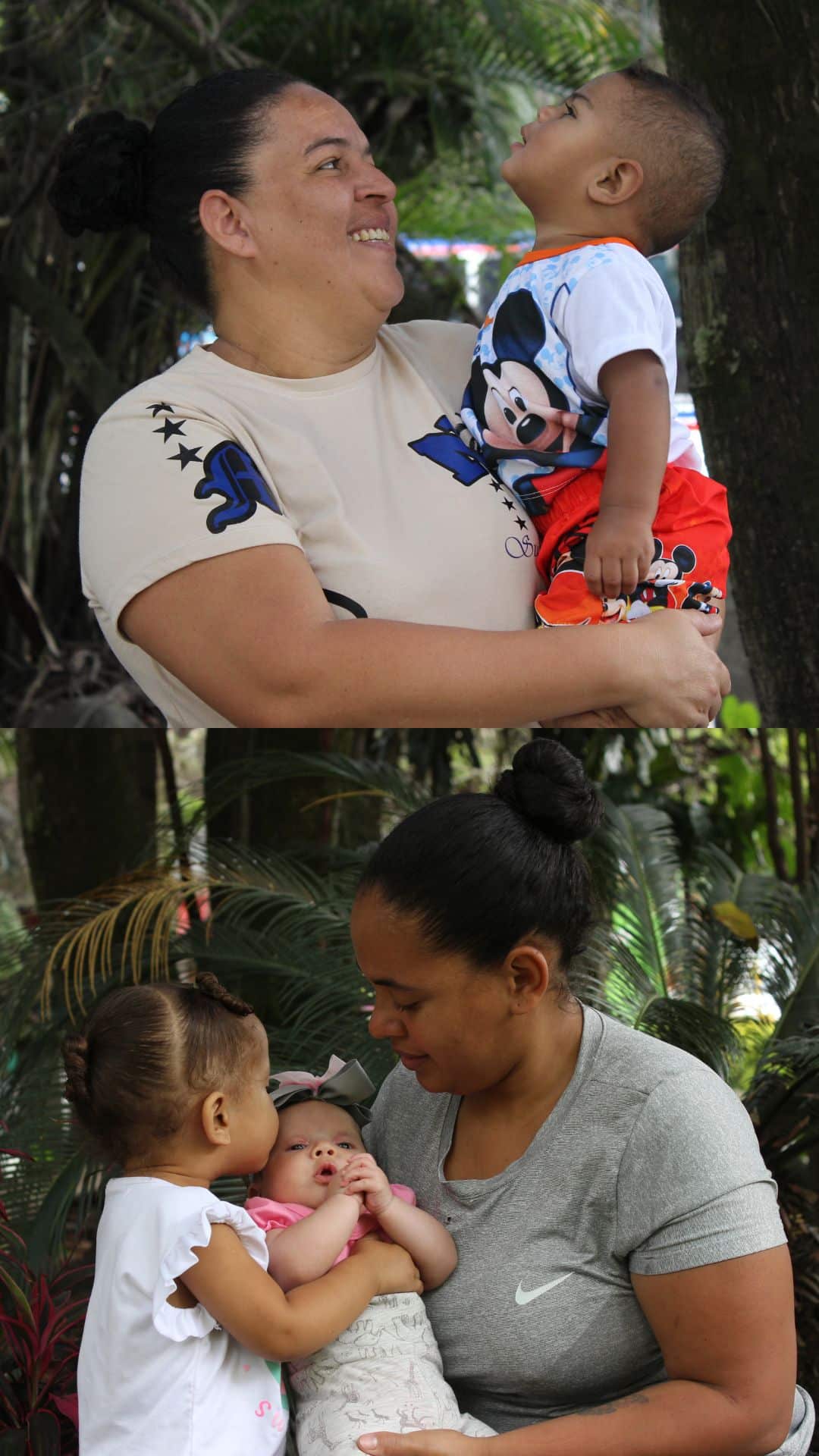 En la foto superior, una mujer sostiene a un niño pequeño, y ambos están sonriendo; el niño lleva una camiseta de Mickey Mouse. En la foto inferior, una mujer sostiene a un bebé mientras una niña mayor le da un beso en la mejilla. Tanto la mujer como la niña están sonriendo, y el bebé parece tranquilo. Ambas fotos fueron tomadas al aire libre, con un fondo de vegetación que aporta una sensación de frescura y naturalidad. One Inversión Social promueve la importancia de fortalecer los vínculos familiares y el bienestar a través de la conexión con la naturaleza y el entorno.